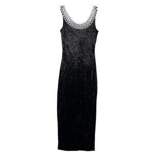 Vtg 90s All That Jazz Black Crushed Velvet Maxi Dress Pearl Collar Goth Grunge S
